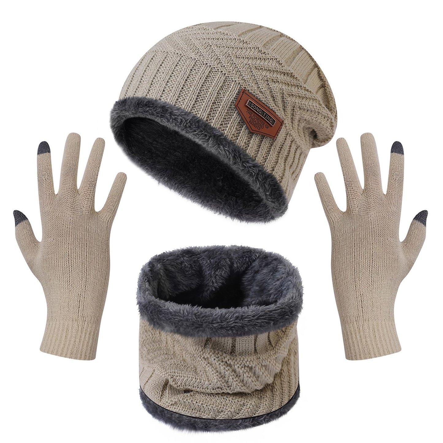 Winter Knitted Hat Scarf Gloves 3Pcs Winter Warm Beanie and Touch Screen Gloves Scarf Set Knit Beanie Skull Cap Neck Warmer Mittens for Men Women - Beige -