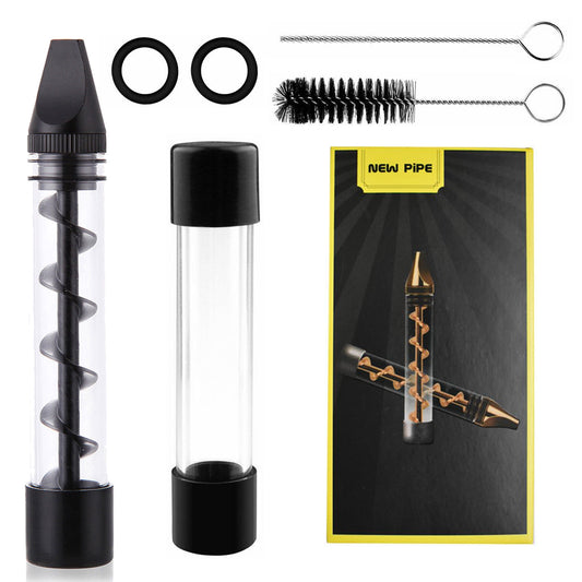 Glass Blunt Pipe Twisty 7-in-1 Grinder Blunt Kit w/ Smoking Metal Tip Cleaning Brush - Black -