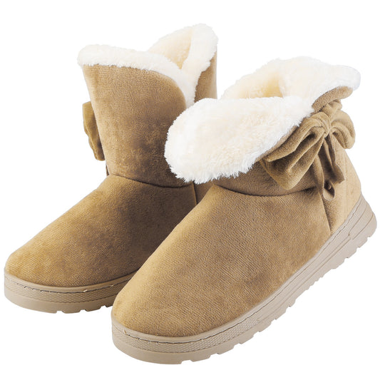 Women Ladies Snow Boots Super Soft Fabric Mid-Calf Winter Shoes Thickened Plush Warm Lining Shoes w/ Anti-slip Rubber Base Bowknot - Beige - 10