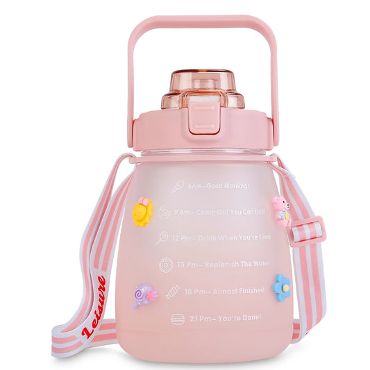 Kawaii Water Bottle with Straw 37.2oz Large Capacity Portable Sports Bottle with Cute Three-Dimensional Stickers - Pink -