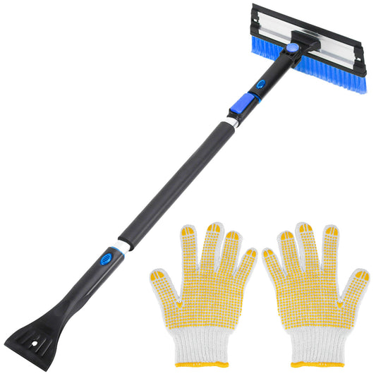 Ice Scraper Extendable Telescoping Snow Remover Squeegee Auto Windshield Snowbrush Scratcher w/ Foam Grip Gloves Rotatable Angle - Black -