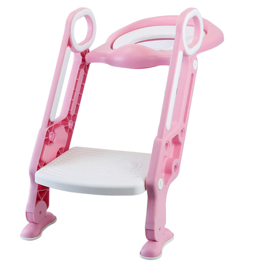 Potty Training Toilet Seat w/ Steps Stool Ladder For Children Baby Splash Guard Foldable Toilet Trainer Chair Height Adjustable Pedal Anti-Slip Feet 1 - Pink -