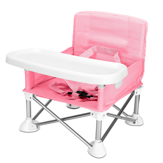 Travel Booster Seat Portable Baby Booster Chair w/ Detachable Tray Foldable Baby Chair Seat For Dining Camping Park Beach w/ Carry Bag - Pink -