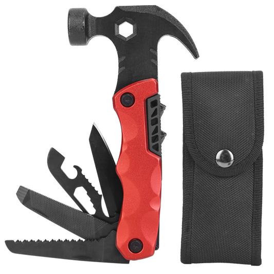 13 In 1 Multi-tool Hammer Outdoor Camping Survival Tools with Pouch Bag Safety Lock Nail Puller Knife Can Opener Saw Screw Depositor Screwdriver - Red -