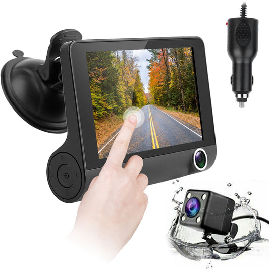 FHD 1080P Touch Screen Car DVR Dash Camera 4In 3 Lens Vehicle Driving Recorder Seamless Loop Recording - Black -