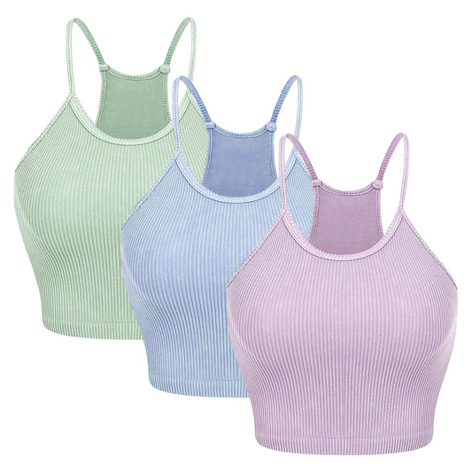 3 Pack Women Crop Basic Tank Top Ribbed Knit Sleeveless Round Neck 9 Color Machine Wash Summer Crop S to XL - Multi - Medium