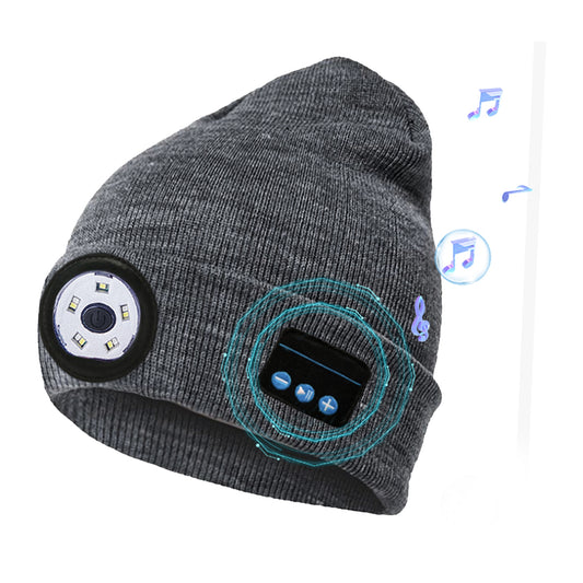 Wireless Beanie Hat with Light Winter Knitted Hat with 3 Lighting Modes Wireless 5.0 Beanie Hat for Music Lovers Men Women USB Rechargeable Machine Wa - Gray -