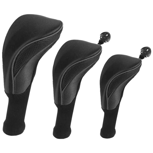 3Pcs Long Neck Mesh Golf Club Head Covers Set Long Knit Protection Cover w/ Interchangeable No. Tags 3 4 5 6 7 X Fit For Fairway Driver Woods - Black -