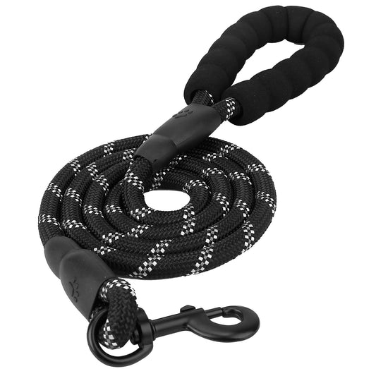 5FT Dog Leash Dog Training Walking Lead w/ Foam Handle Highly Reflective Treads Strong Nylon Dog Rope For Small Medium Dogs - Black -