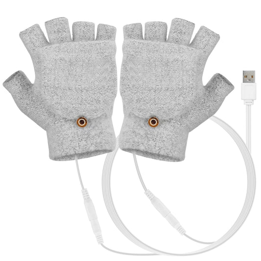 USB Wool Heated Gloves Mitten Half Fingerless Glove Electric Heated Gloves for Laptop PC - Gray -