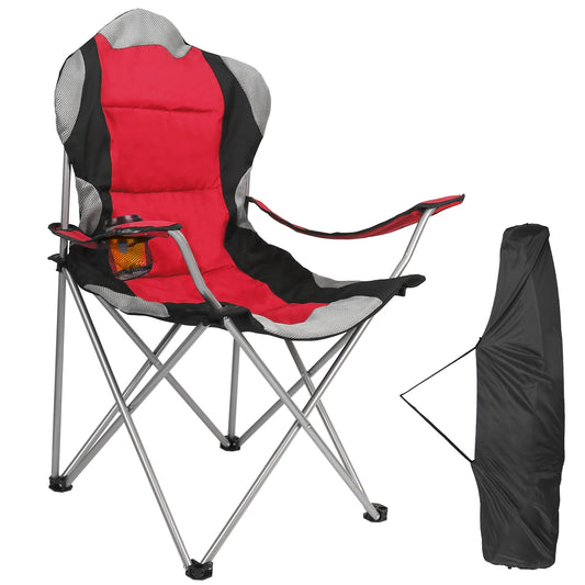 Foldable Camping Chair Heavy Duty Steel Lawn Chair Padded Seat Arm Back Beach Chair 330LBS Max Load with Cup Holder Carry Bag - Red -