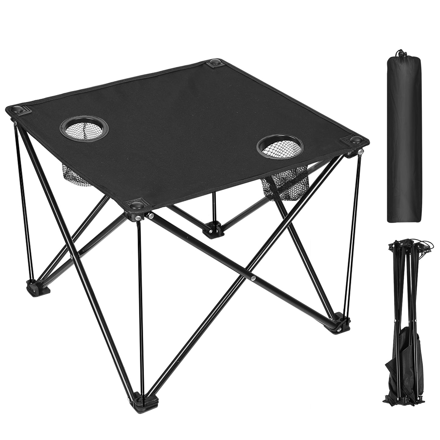 Foldable Camping Table Portable Picnic Table Lightweight Travel Desk with Cup Holder Carrying Bag - Black -