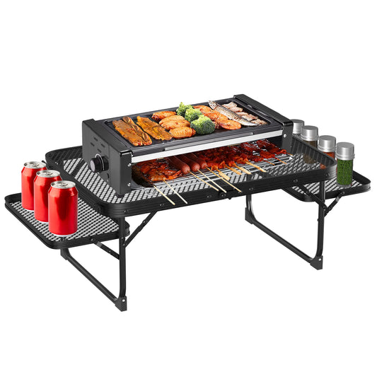 Foldable Camping Table Collapsible Picnic Aluminum Alloy Grill Stand 88LBS Max Load BBQ Table with 2 Side Trays - Black -