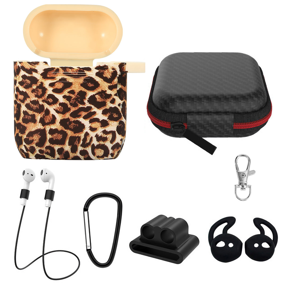 Silicone Case for Apple AirPod 1 2 AirPods Protective Cover Skin w/Strap Ear Hooks Watch Band Holder - Leopard -