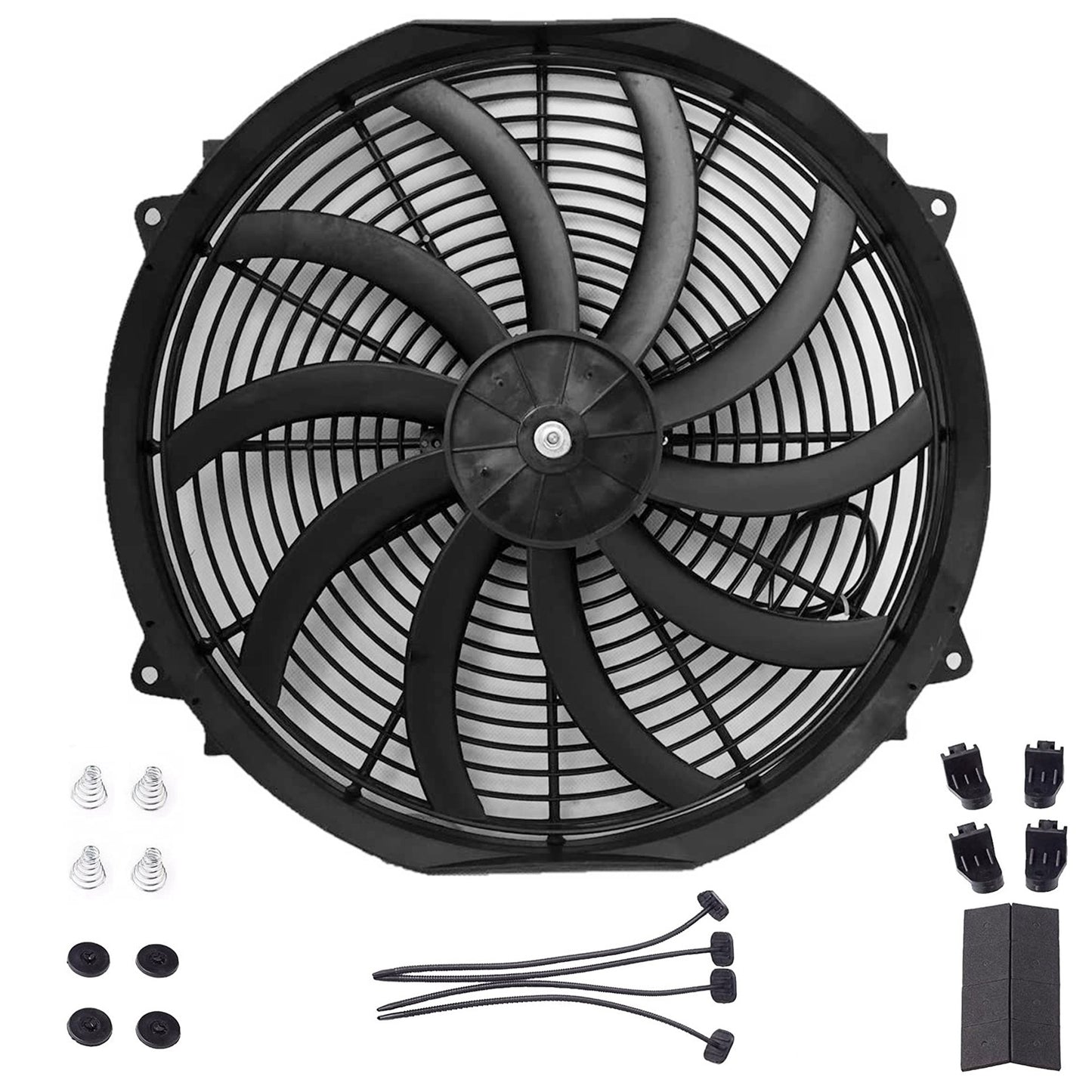 16 Inch Electric Radiator Cooling Fan 12V 120W 10 Blades Car w/ Mounting Kit - Black -