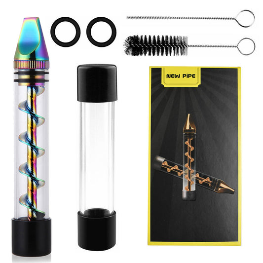 Glass Blunt Pipe Twisty 7-in-1 Grinder Blunt Kit w/ Smoking Metal Tip Cleaning Brush - Rainbow -