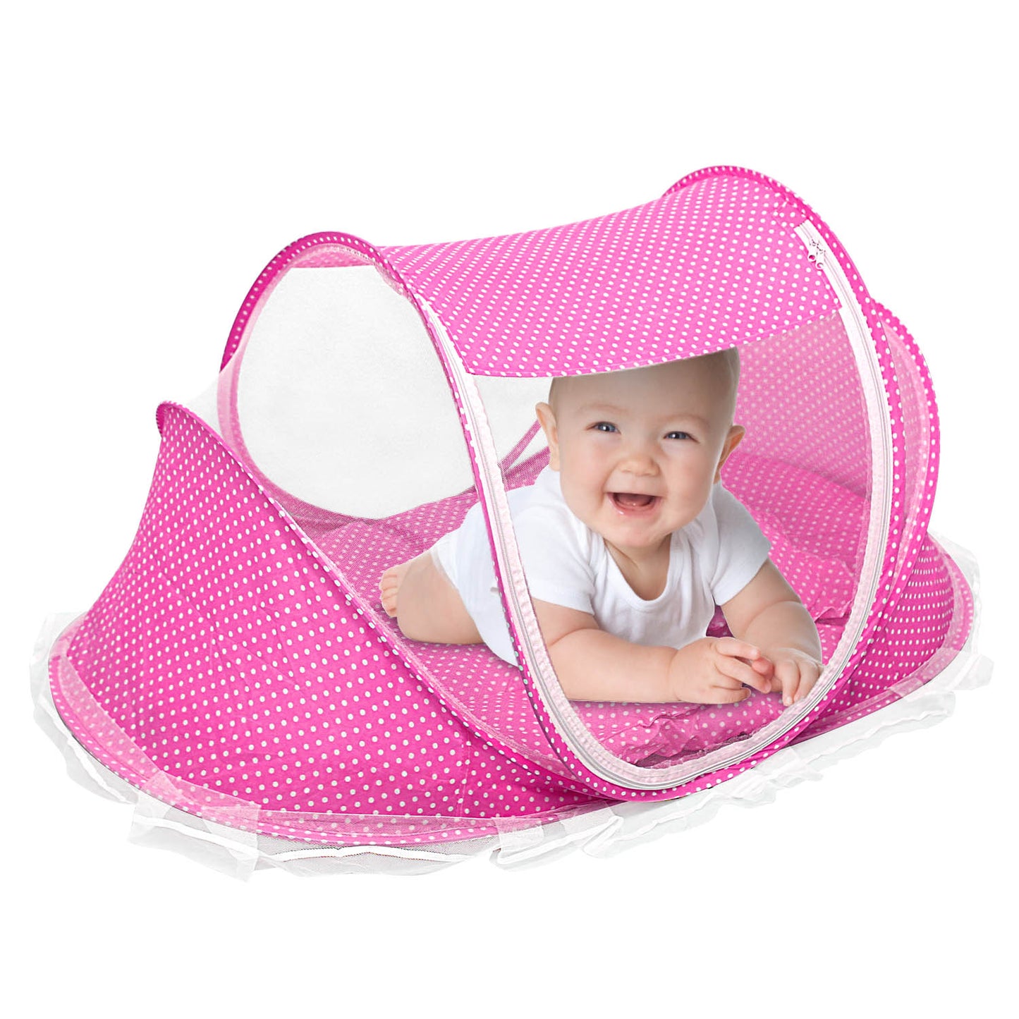 Foldable Baby Travel Bed Portable Infant Mosquito Net Tent Crib Cradle w/ Pillow Mattress Music Box for 0-3 Kids - Pink -