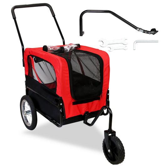 2-in-1 Pet Bike Trailer And Stroller with Canopy Bicycle Carrier Bicycle Cargo Wagon Trailer 44LBS Weight Capacity For Small Medium Dogs Cats - Red -