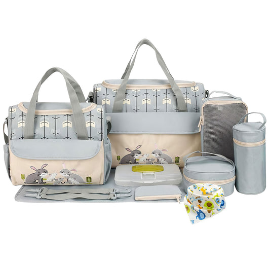 11Pcs Baby Nappy Diaper Bags Set for Mom Dad Mummy Shoulder Bags Multifunctional Diaper Handbags with Food Bag Bottle Bag Diaper Pad Burp Cloth 2 Hook - Gray -