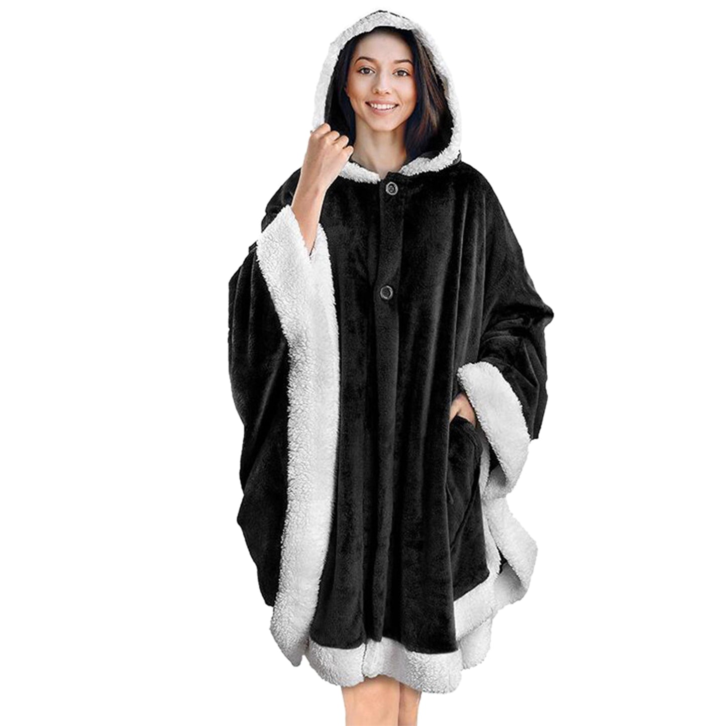 Hoodie Blanket Wrap Wearable Hoodie Snuggle Robe Sweatshirt Soft Lined Cuddle Poncho Cape w/ Hat 2 Pockets Buttons - Black -