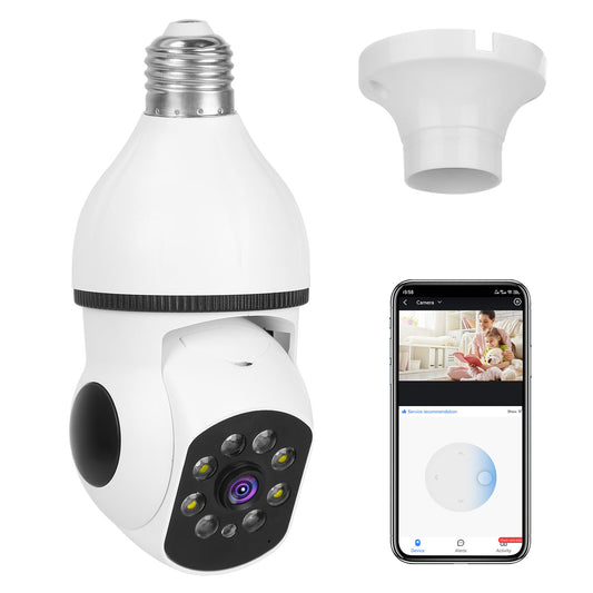 E27 WiFi Bulb Camera 1080P FHD WiFi IP Pan Tilt Security Surveillance Camera with Two-Way Audio Full Color Night Vision Flood Light Motion Tracking Si - White -