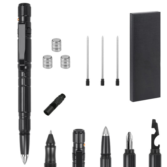 11 In 1 Tactical Pen Gear Set Multi-tool Survival Pen Set Cool Gadget Gift for Men EDC Glass Breaker LED Flashlight Ballpoint Pen Whistle Ink Refills - Black -