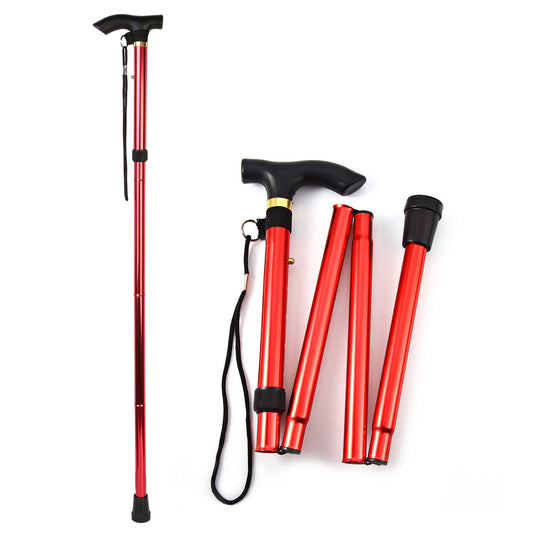 Walking Cane Aluminum Alloy Walking Stick Adjustable Folding Travel Hiking Stick Anti-Slip - Red -