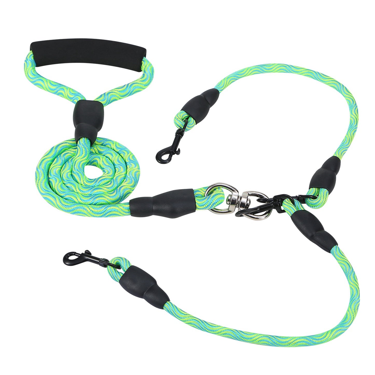 Double Dogs Leash No-Tangle Dogs Lead Reflective Dogs Walking Leash w/ Swivel Coupler Padded Handle - Green -