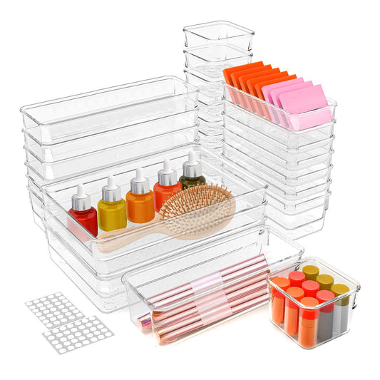 25Pcs Clear Plastic Drawer Organizers Set 4 Sizes Desk Drawer Dividers Trays Storage Bins for Vanity Cabinet Makeup Bathroom Office Kitchen Bedroom Je