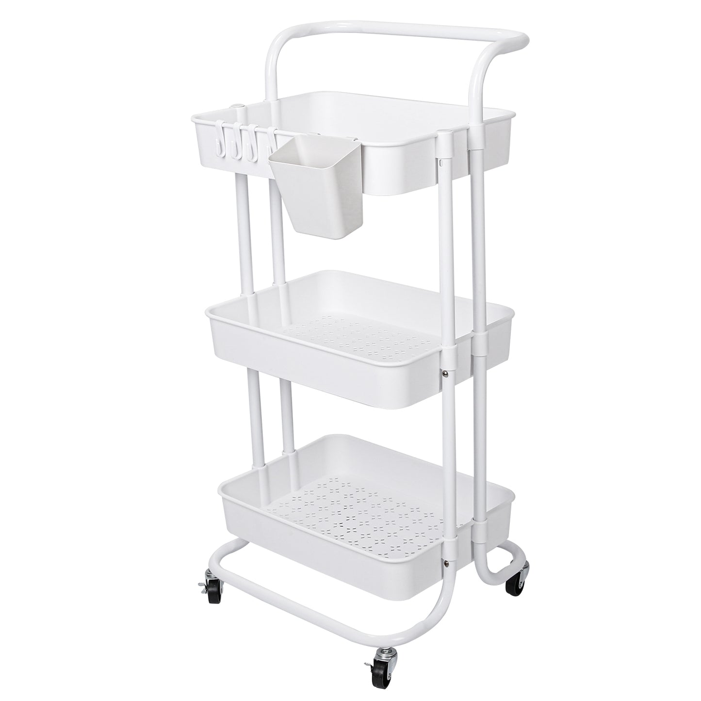 3 Tier Rolling Utility Cart Movable Storage Organizer with Mesh Baskets Lockable Wheels 360 Degree Rotatable Hanging Box Hooks Bedroom Bathroom Kitche - White - 3-Tier