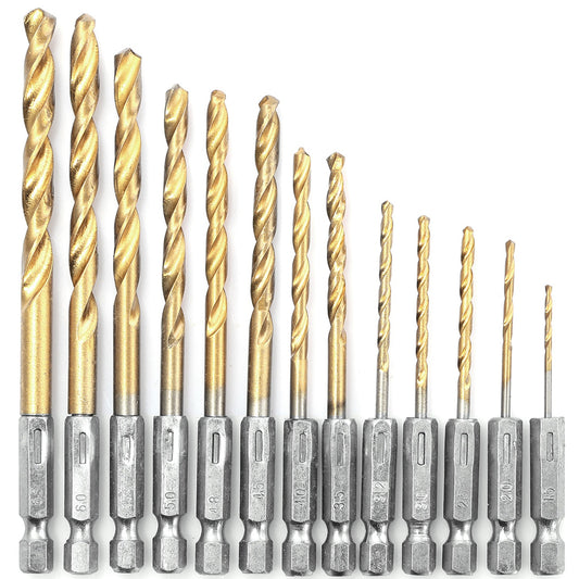 13 Pcs Hex Shank Drill Bit Set Titanium Coated Twist Drill Set High Speed Steel for Wood Plastic Aluminum Sheet