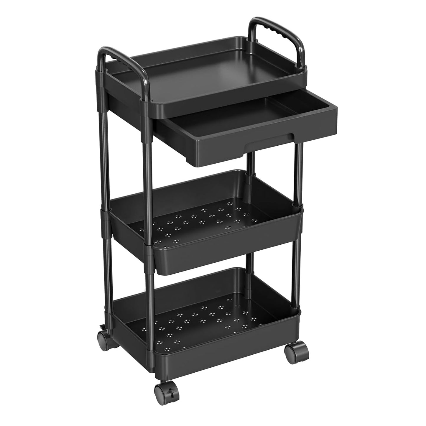 3 Tier Rolling Utility Cart Movable Storage Organizer with Drawer Lockable Wheels 360 Degree Rotatable Hallow Design for Bedroom Bathroom Kitchen - Black -