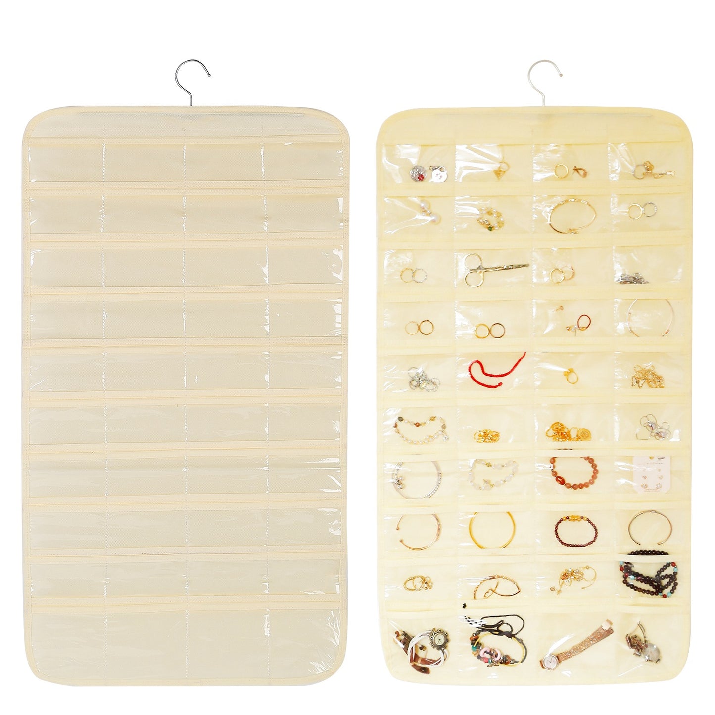 2Pcs Hanging Jewelry Organizer Earring Necklace Bracelet Holder Double-sided 80 Pockets Accessory Storage Pocket - Beige -