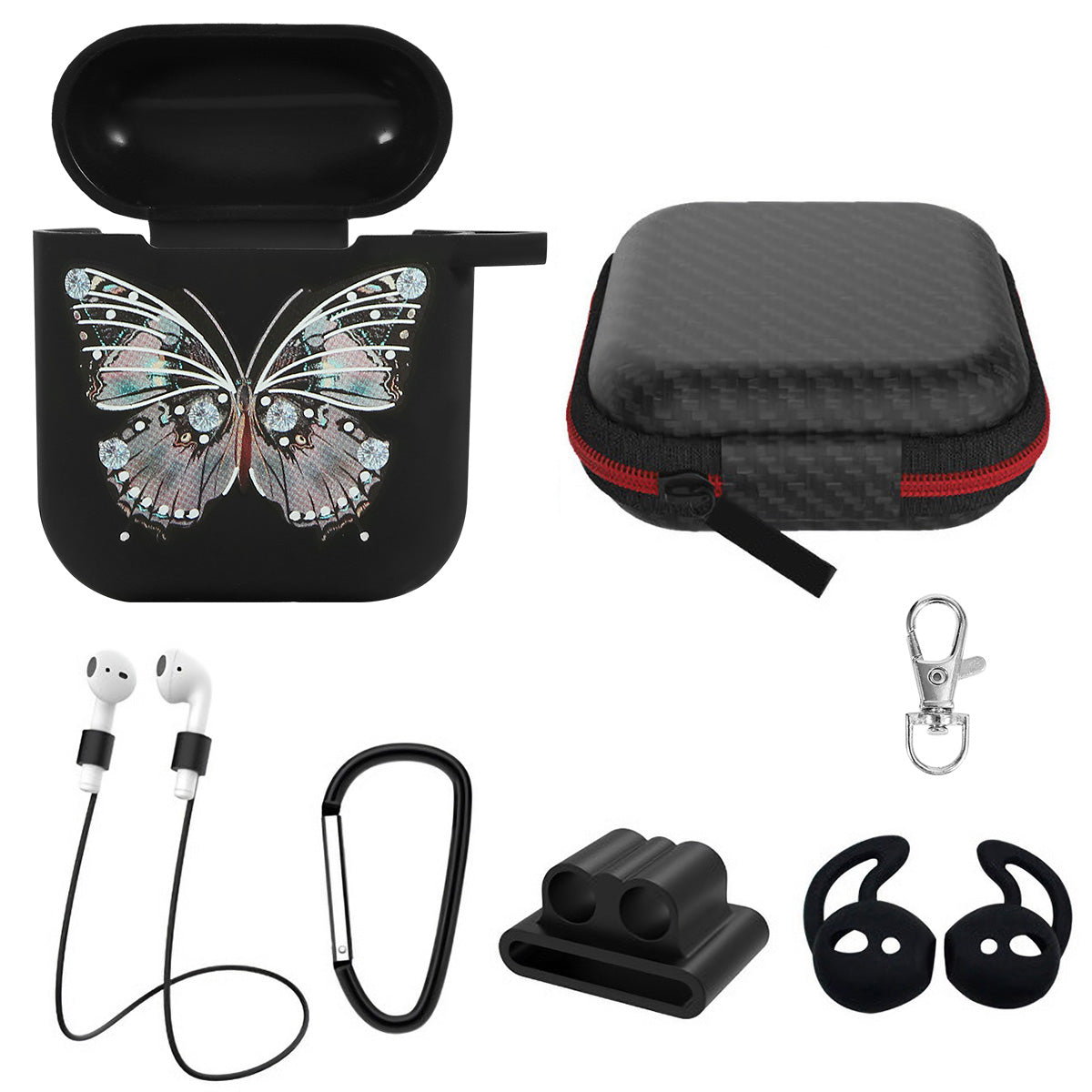 Silicone Case for Apple AirPod 1 2 AirPods Protective Cover Skin w/Strap Ear Hooks Watch Band Holder - Butterfly -