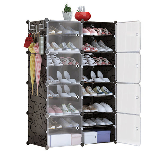 8-Tier 2-Row Shoe Rack Organizer Stackable Free Standing Shoe Storage Shelf Plastic Shoe Cabinet Tower with Transparent Doors for Heels Boots Slippers - Black -