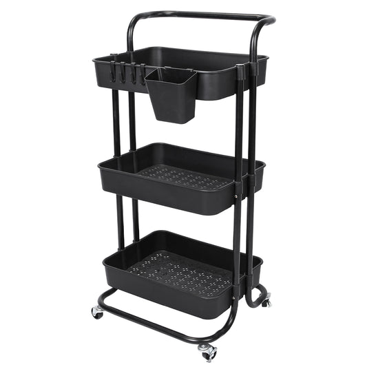 3 Tier Rolling Utility Cart Movable Storage Organizer with Mesh Baskets Lockable Wheels 360 Degree Rotatable Hanging Box Hooks Bedroom Bathroom Kitche - Black -