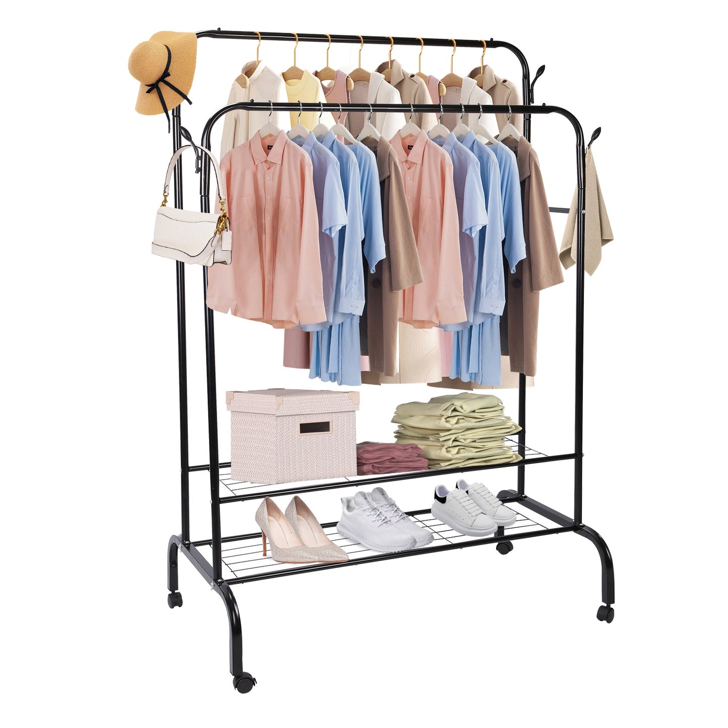 Garment Hanging Rack Clothing Hanging Rail Pillow Shoe Display Organizer Clothes Organizer Stand with 2 Rails 2 Shelves 4 Rolling Wheels 4 Hooks - Black -