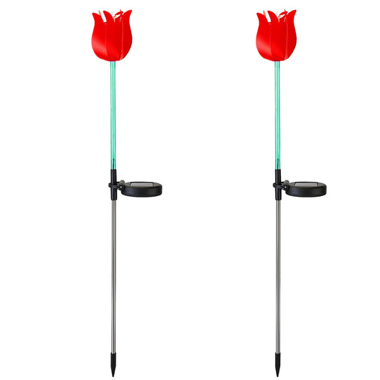 2Pcs Solar Powered Tulip Garden Light Wind Mill Waterproof Landscape Stake Lamp Decorative Lawn Lights For Yard Driveway Walkway Patio - Red -