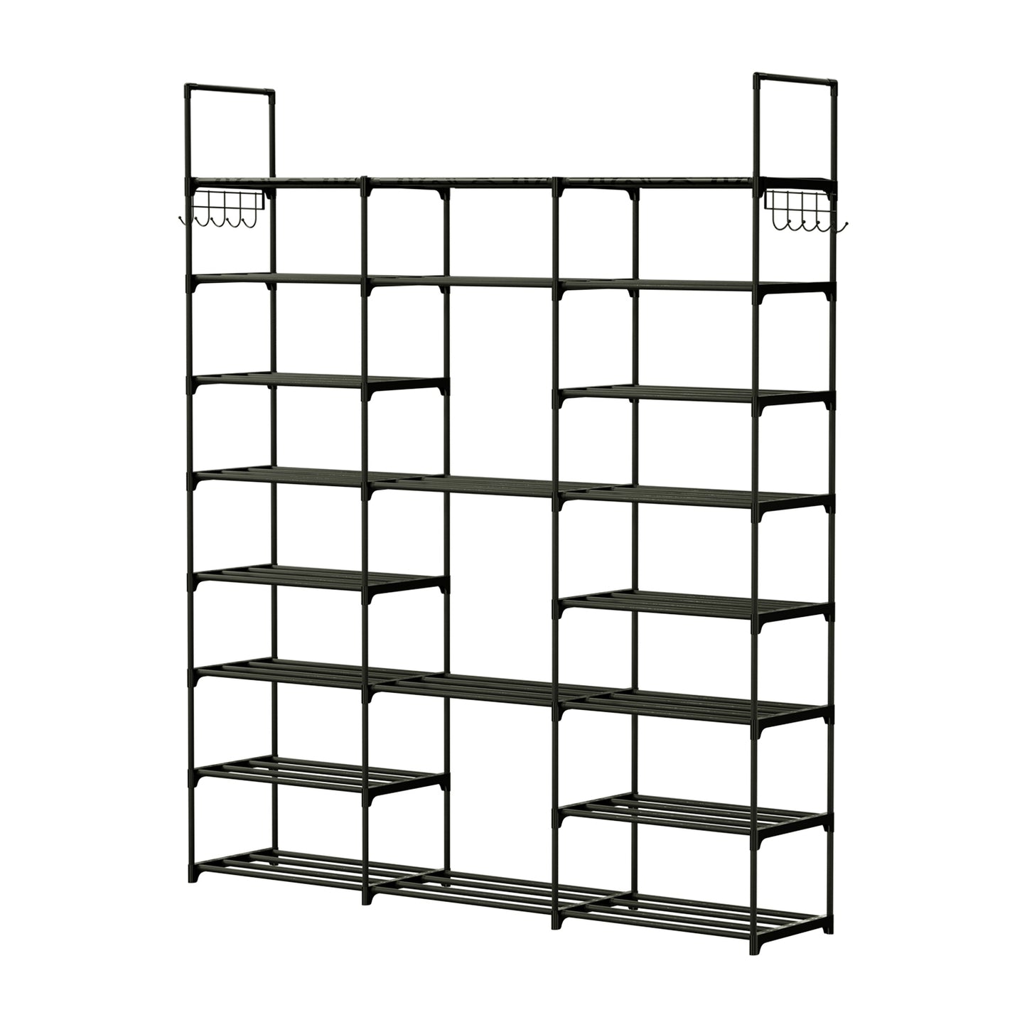 8-Tier 3-Row Shoe Rack Metal Shoe Storage Shelf Free Standing Large Shoe Stand 42 Pairs Shoe Tower Unit Tall Shoe Organizer with 2 Hooks for Entryway - Black -