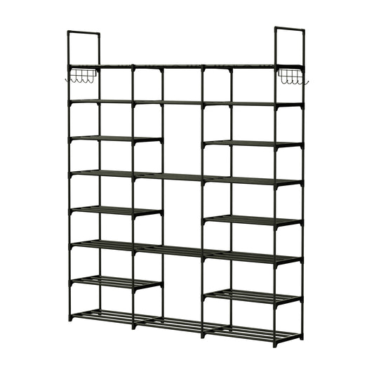 8-Tier 3-Row Shoe Rack Metal Shoe Storage Shelf Free Standing Large Shoe Stand 42 Pairs Shoe Tower Unit Tall Shoe Organizer with 2 Hooks for Entryway - Black -