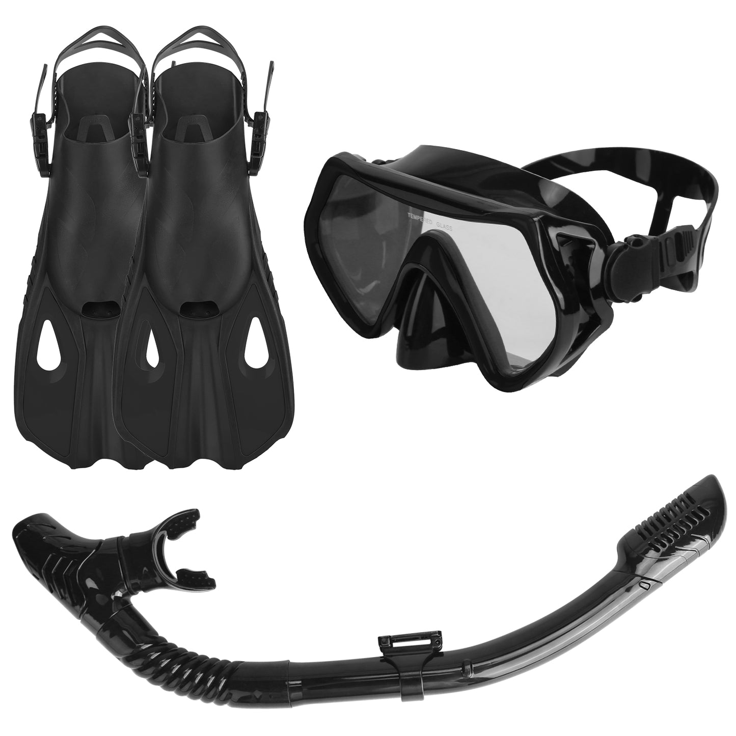 Snorkeling Gear Mask Fin Snorkel Set with Diving Mask Dry Top Snorkel Adjustable Swim Fins for Swimming Snorkeling Travel Diving - Black - L & XL