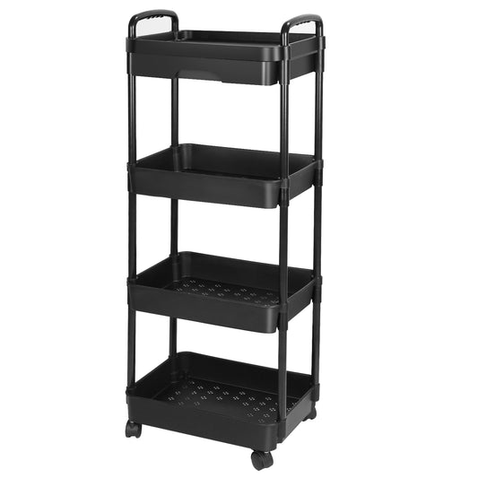 4 Tier Rolling Utility Cart Movable Storage Organizer with Drawer Lockable Wheels 360 Degree Rotatable Hallow Design for Bedroom Bathroom Kitchen - Black -