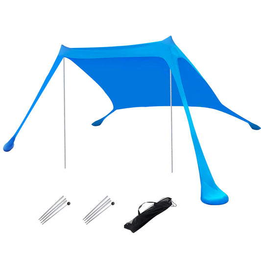 9.8x9.8FT Foldable Beach Canopy Tent Collapsible Shade Sail Sun Protection Windproof Shelter 4 Sandbag 2 Pole Portable Storage Bag Rectangle Blue - Blue -