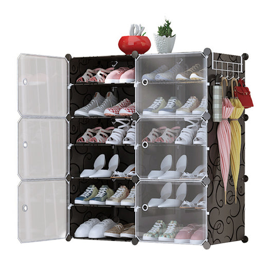 6-Tier 2-Row Shoe Rack Organizer Stackable Free Standing Shoe Storage Shelf Plastic Shoe Cabinet Tower with Transparent Doors for Heels Boots Slippers - Black -