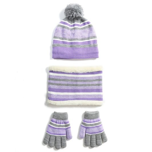 Winter Kids Knitted Hat Scarf Gloves 3Pcs Boys Girls Winter Warm Beanie Hat and Glove Scarf Set Beanie Neck Warmer Mittens for 4-7-Year-Old Kids - Purple -