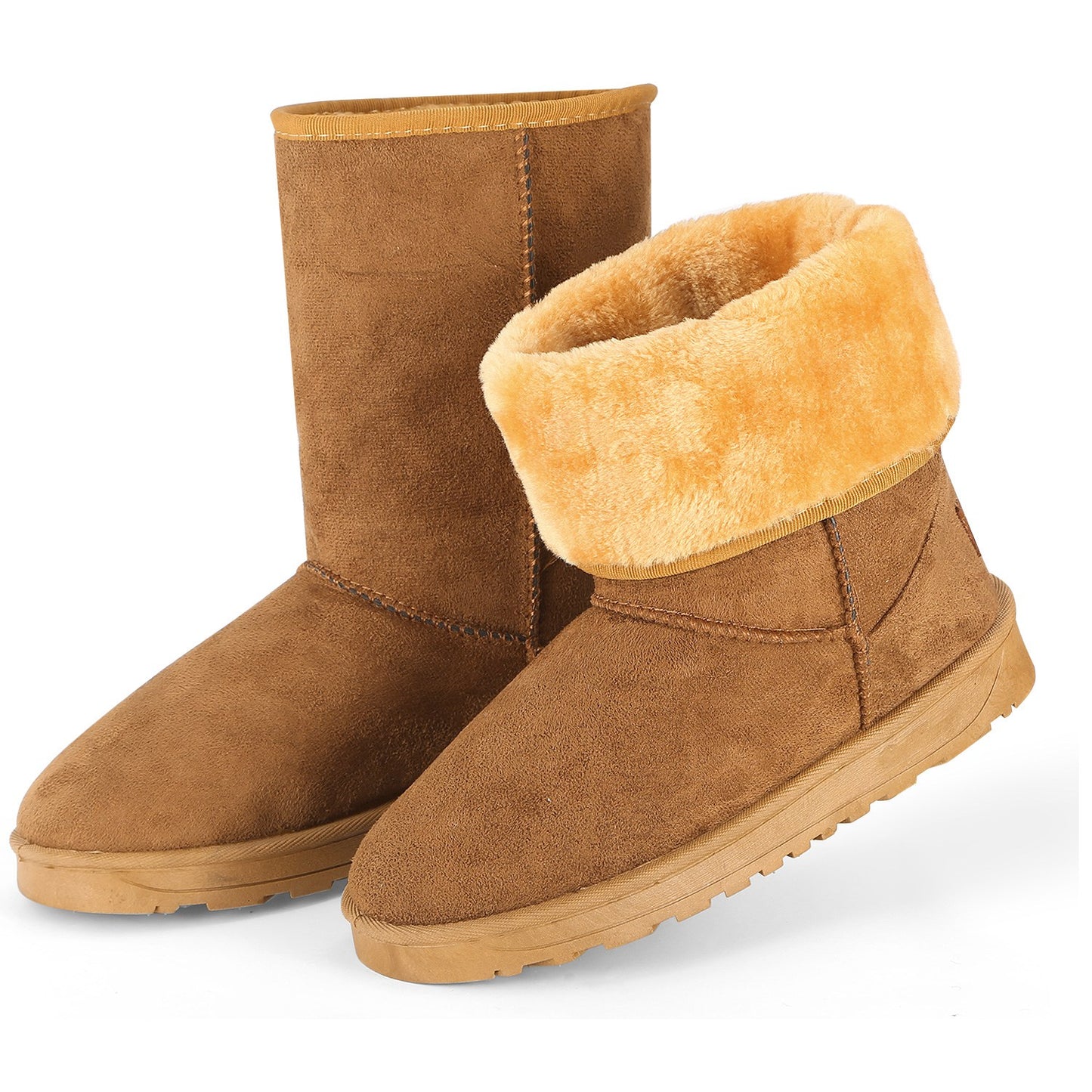 Women Ladies Snow Boots Waterproof Faux Suede Mid-Calf Boots Fur Warm Lining Shoes - Chestnut - 7