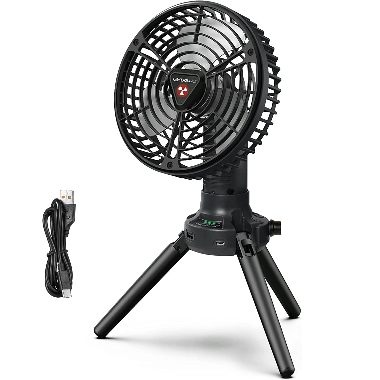 Foldable Camping Fan with Emergency Power Bank 270° Oscillating Rechargeable Tripod Fan for Hiking Fishing Personal Desk Fan with 4 Speeds 3 Brightnes - Black -