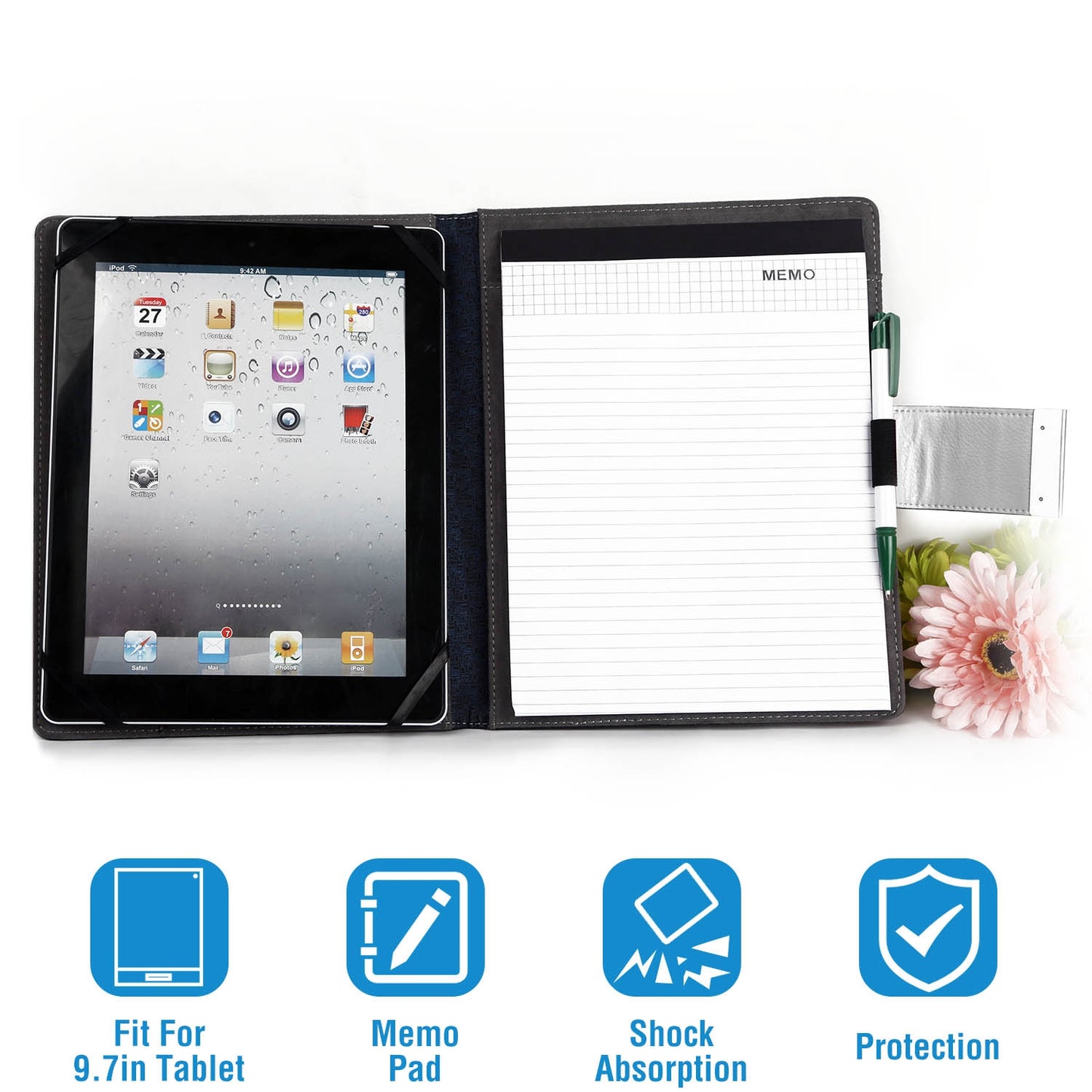 Tablet PC Protector Organizer Case For 9.7in Tablets Business Tablet Portfolio with Notepad Paper - Black -