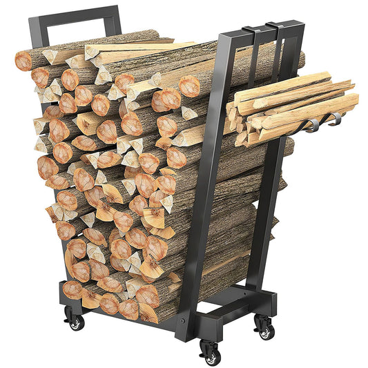 18.5x10.86x23.42in Firewood Log Rack 661LBS Iron Wood Lumber Storage Stacking Rack Iron Storage Holder for Fireplace Firepit with 2 Hanging Hooks 4 Sw - Black -