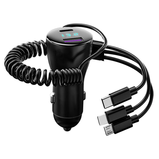 125W 5 In 1 Fast Charge Car Charger QC PD USB Type C LT 5 Port Car Cigarette Lighter with 4FT Coiled Cable Voltage Monitor Fit For IOS Phone IPad Sams - Black -